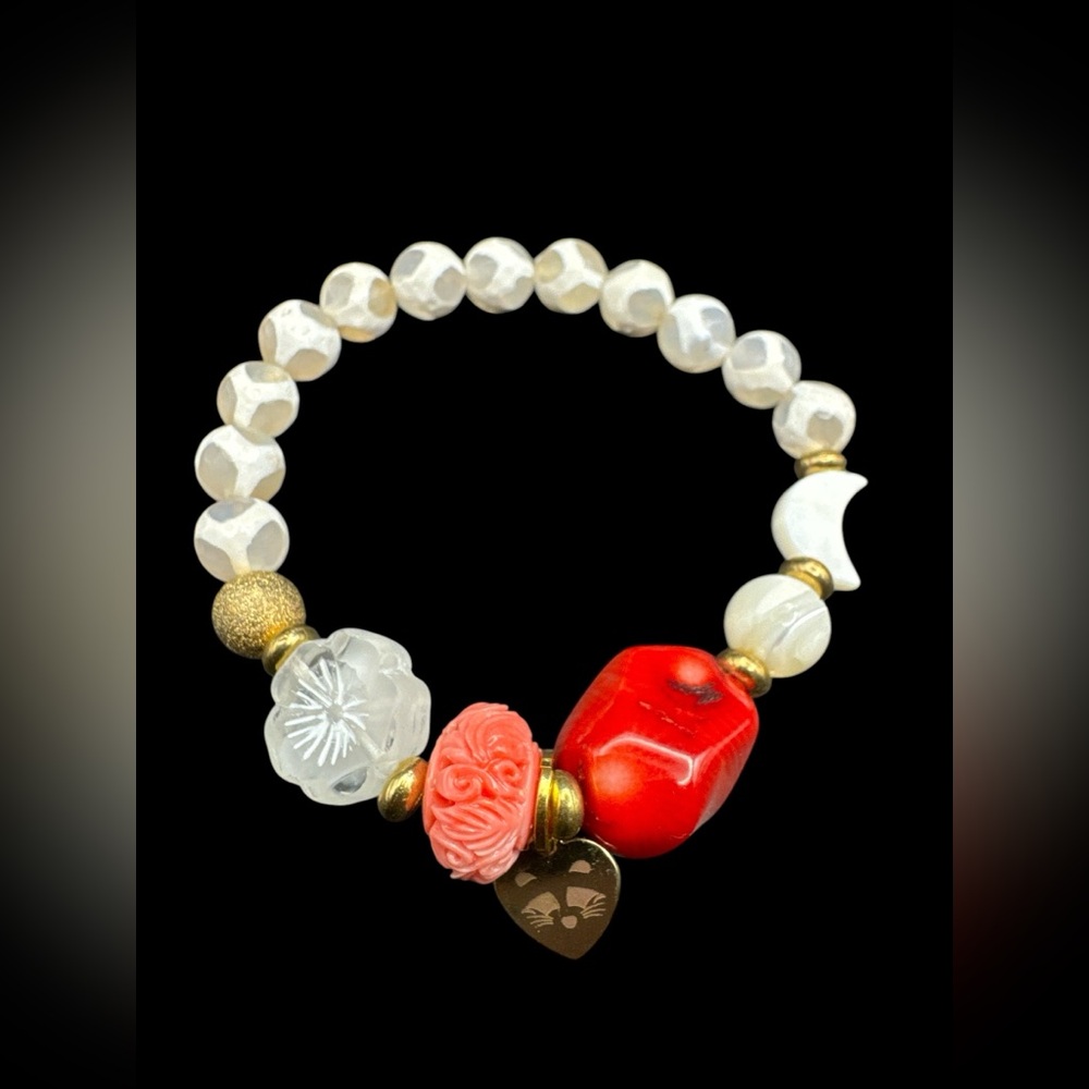 Bamboo Coral Angel Skin Coral Czech Glass Tibetan Agate and MOP Stretch Bracelet